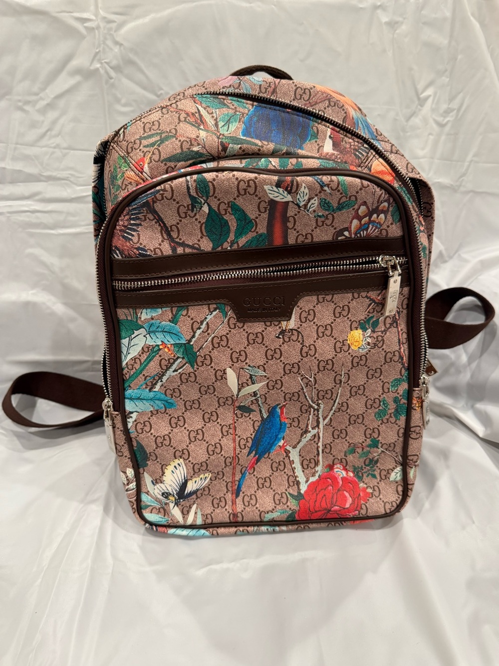 Beige GG Supreme Backpack with Multicolor Floral & Bird Print